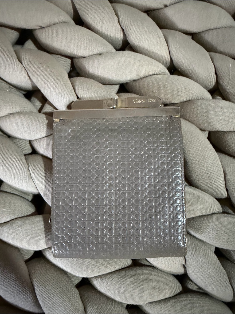 Dior Gray Embossed Leather Coin Purse with Silver-Tone Frame